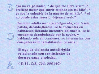 S  O  A  “ ya no valgo nada”, “ de que me sirve vivir”, “ Prefiero morir que sufrir estando sin mi hijo”. “ yo soy la culpable de la muerte de mi hijo”, “ el no puede estar muerto, déjenme verlo” Paciente adulta madura adelgazada, con fascie pálida, decaída,llorosa. Se le encuentra en habitación llorando incrontrolablemente. Se le encuentra deambulando por la noche, y hablando sola en ocasiones, no interractua con compañeras de la habitación. Se aisla . Riesgo de violencia autodirigida relacionado con sentimientos de desesperanza y soledad. ( D:11, C:3, Cód: 000140) 