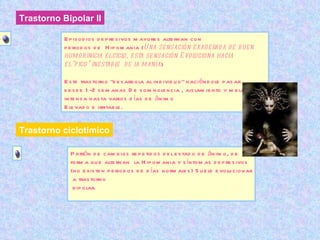 Trastorno Bipolar II Trastorno ciclotímico Episodios depresivos mayores alternan con  periodos de  Hipomania ( Una sensación exagerada de buen  humor inicia el ciclo, esta sensación Evoluciona hacia  el “pico” inestable  de la manía ) Este trastorno “desarbola al individuo” haciéndole pasar  desde 1-2 semanas De somnolencia , aislamiento y melancolía  intensa hasta varios días de ánimo Elevado e irritable.  Patrón de cambios repetidos del estado de ánimo, de  forma que alternan  la Hipomania y síntomas depresivos  (no existen periodos de días normales) Suele evolucionar a trastorno bipolar. 