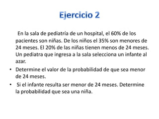En la sala de pediatría de un hospital, el 60% de los
pacientes son niñas. De los niños el 35% son menores de
24 meses. El 20% de las niñas tienen menos de 24 meses.
Un pediatra que ingresa a la sala selecciona un infante al
azar.
• Determine el valor de la probabilidad de que sea menor
de 24 meses.
• Si el infante resulta ser menor de 24 meses. Determine
la probabilidad que sea una niña.
 