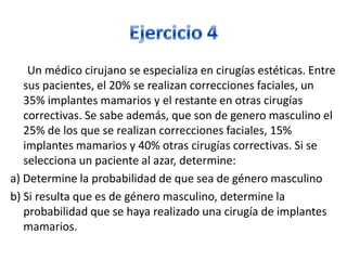 Un médico cirujano se especializa en cirugías estéticas. Entre
sus pacientes, el 20% se realizan correcciones faciales, un
35% implantes mamarios y el restante en otras cirugías
correctivas. Se sabe además, que son de genero masculino el
25% de los que se realizan correcciones faciales, 15%
implantes mamarios y 40% otras cirugías correctivas. Si se
selecciona un paciente al azar, determine:
a) Determine la probabilidad de que sea de género masculino
b) Si resulta que es de género masculino, determine la
probabilidad que se haya realizado una cirugía de implantes
mamarios.
 