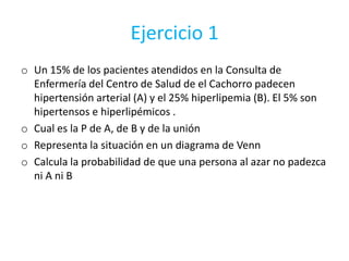 Ejercicio 1
o Un 15% de los pacientes atendidos en la Consulta de
Enfermería del Centro de Salud de el Cachorro padecen
hipertensión arterial (A) y el 25% hiperlipemia (B). El 5% son
hipertensos e hiperlipémicos .
o Cual es la P de A, de B y de la unión
o Representa la situación en un diagrama de Venn
o Calcula la probabilidad de que una persona al azar no padezca
ni A ni B
 