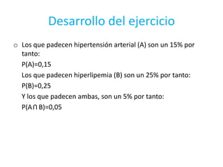 Desarrollo del ejercicio
o Los que padecen hipertensión arterial (A) son un 15% por
tanto:
P(A)=0,15
Los que padecen hiperlipemia (B) son un 25% por tanto:
P(B)=0,25
Y los que padecen ambas, son un 5% por tanto:
P(A B)=0,05
U
 