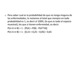 o Para saber cual es la probabilidad de que no tenga ninguna de
las enfermedades, le restamos al total que siempre en toda
probabilidad es 1, es decir el 100%, (lo que es todo el espacio
muestral), los que si tienen enfermedad, es decir:
P(ni A ni B) = 1 - [P(A) + P(B) - P(A B)]
P(ni A ni B) = 1 - [0,15 + 0,25 – 0,05] = 0,65
U
 