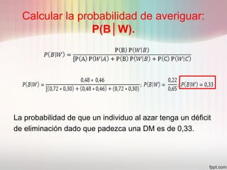 Calcular la probabilidad de averiguar:
P(B│W).
La probabilidad de que un individuo al azar tenga un déficit
de eliminación dado que padezca una DM es de 0,33.
 