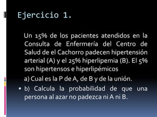 Ejercicio 1.
Un 15% de los pacientes atendidos en la
Consulta de Enfermería del Centro de
Salud de el Cachorro padecen hipertensión
arterial (A) y el 25% hiperlipemia (B). El 5%
son hipertensos e hiperlipémicos
a) Cual es la P deA, de B y de la unión.
b) Calcula la probabilidad de que una
persona al azar no padezca ni A ni B.