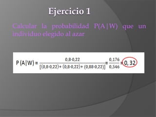 Calcular la probabilidad P(A|W) que un
individuo elegido al azar
 