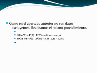 Como en el apartado anterior no son datos
excluyentes. Realizamos el mismo procedimiento.

 P(B n W) = P(B) . P(W) = 0,8 . 0,22= 0,176
 P(C n W) = P(C) . P(W) = 0,88 . 0,22 = 0, 193

 