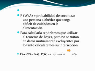 
P (W/A) = probabilidad de encontrar
una persona diabética que tenga
déficit de cuidados en la
alimentación.
Para calcularla tendríamos que utilizar
el teorema de Bayes, pero no se tratan
de datos mutuamente excluyentes por
lo tanto calcularemos su intersección.
P (A nW) = P(A) . P(W) = 1 . 0,22 = 0,22 22%
 