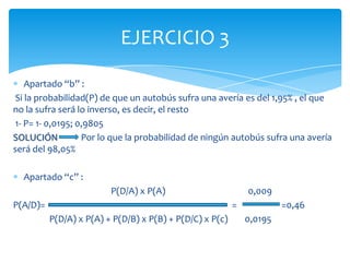 Apartado “b” :
Si la probabilidad(P) de que un autobús sufra una avería es del 1,95% , el que
no la sufra será lo inverso, es decir, el resto
1- P= 1- 0,0195; 0,9805
SOLUCIÓN Por lo que la probabilidad de ningún autobús sufra una avería
será del 98,05%
Apartado “c” :
P(D/A) x P(A) 0,009
P(A/D)= = =0,46
P(D/A) x P(A) + P(D/B) x P(B) + P(D/C) x P(c) 0,0195
EJERCICIO 3
 