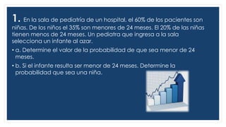 1. En la sala de pediatría de un hospital, el 60% de los pacientes son
niñas. De los niños el 35% son menores de 24 meses. El 20% de las niñas
tienen menos de 24 meses. Un pediatra que ingresa a la sala
selecciona un infante al azar.
• a. Determine el valor de la probabilidad de que sea menor de 24
meses.
• b. Si el infante resulta ser menor de 24 meses. Determine la
probabilidad que sea una niña.
 