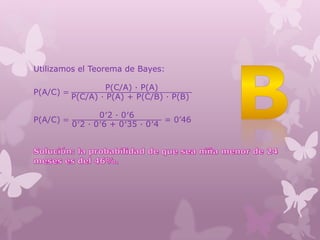 Utilizamos el Teorema de Bayes:
P(A/C) =
P(C/A) · P(A)
P(C/A) · P(A) + P(C/B) · P(B)
P(A/C) =
0′2 · 0′6
0′2 · 0′6 + 0′35 · 0′4
= 0’46
 