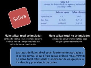 Flujo salival total estimulada:
cantidad de saliva total secretada durante
un intervalo de tiempo mediada por
estimulación de masticación.
Las tasas de flujo salival están fuertemente asociadas a
la caries dental. El bajo flujo salival crónico <0.81ml/min
de saliva total estimulada es indicador de riesgo para la
incidencia y prevalencia de caries.
Flujo salival total no estimulado:
cantidad de saliva total secretada bajo
ningún tipo de estimulación.
 
