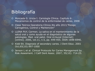 Bibliografía
 Moncada G. Urzúa I. Cariología Clínica. Capítulo 6:
Mecanismos de control de la enfermedad de caries. 2008
 Clase Teórica Operatoria Clínica 4to año 2013,”Riesgo
Cariogénico, Control y Mantención”
 LLENA PUY, Carmen. La saliva en el mantenimiento de la
salud oral y como ayuda en el diagnóstico de algunas
patologías. Med. oral patol. Oral cir.bucal (Internet)
[online]. 2006, vol.11, n.5, pp. 449-455. ISSN 1698-6946.
 Kidd EA. Diagnosis of secondary caries. J Dent Educ. 2001
Oct;65(10):997-1000
 Jenson L et al. Clinical Protocols for Caries Management by
Risk Assesment. J Calif Dent Assoc. 2007; 35(10): 714-23.
 