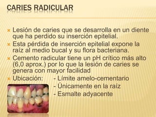 CARIES RADICULAR
 Lesión de caries que se desarrolla en un diente
que ha perdido su inserción epitelial.
 Esta pérdida de inserción epitelial expone la
raíz al medio bucal y su flora bacteriana.
 Cemento radicular tiene un pH crítico más alto
(6,0 aprox.) por lo que la lesión de caries se
genera con mayor facilidad
 Ubicación: - Límite amelo-cementario
- Únicamente en la raíz
- Esmalte adyacente
 
