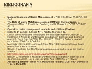 BIBLIOGRAFIA
 Modern Concepts of Caries Measurement, J N.B. Pitts,DENT RES 2004 83:
C43
 The Role of Matrix Metalloproteinases (MMPs) in Human Caries, C.
Chaussain-Miller, F. Fioretti, M. Goldberg and S. Menashi, J DENT RES 2006
85: 22
 Operative caries management in adults and children (Review)
 Ricketts D, Lamont T, Innes NPT, Kidd E, Clarkson JE.
 Dental caries paradigms in diagnosis and diagnostic research, Baelum V,
Heidmann J, Nyvad B. Dental caries paradigms in diagnosis and diagnostic
research. Eur J Oral Sci 2006; 114: 263–277. 2006 The Authors. Journal
compilation 2006 Eur J Oral Sci
 Moncada y Urzúa 2008, capítulo 6 (pág. 125 -139) CariologíaClinica: bases
preventivas y restauradoras.
 ICDAS. It explains the ICDAS examination protocol and reviews the coding
system:
 http://icdas.smile-on.com/courses/spanish/course/nav.html
 Baelum V, Heidmann J, Nyvad B. Dental caries paradigms in diagnosis and
diagnostic research. Eur J Oral Sci. 2006 Aug;114(4):263-77. Review
 Assessing patients’ caries risk, Margherita Fontana, DDS, PhD; Domenick
T. Zero, DDS, MS
 