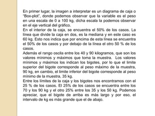 En primer lugar, la imagen a interpretar es un diagrama de caja o
“Box-plot”, donde podemos observar que la variable es el peso
en una escala de 0 a 100 kg, dicha escala la podemos observar
en el eje vertical del gráfico.
En el interior de la caja, se encuentra el 50% de los casos. La
línea que divide la caja en dos, es la mediana y en este caso es
60 kg. Esto nos indica que por encima de esta línea se encuentra
el 50% de los casos y por debajo de la línea el otro 50 % de los
casos.
Además el rango oscila entre los 40 y 90 kilogramos, que son los
valores mínimos y máximos que toma la muestra. Los valores
mínimos y máximos los indican los bigotes, por lo que el limite
superior del bigote corresponde al peso máximo de la muestra,
90 kg, en cambio, el limite inferior del bigote corresponde al peso
mínimo de la muestra, 35 kg.
Entre los límites de la caja y los bigotes nos encontramos con el
25 % de los casos. El 25% de los casos se encuentra entre los
70 y los 90 kg y el otro 25% entre los 35 y los 50 kg. Podemos
apreciar, que el bigote de arriba es más largo y por eso, el
intervalo de kg es más grande que el de abajo.
 
