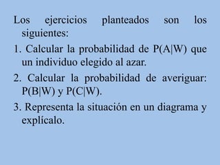 Los ejercicios planteados son los
siguientes:
1. Calcular la probabilidad de P(A|W) que
un individuo elegido al azar.
2. Calcular la probabilidad de averiguar:
P(B|W) y P(C|W).
3. Representa la situación en un diagrama y
explícalo.
 