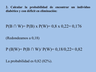 2. Calcular la probabilidad de encontrar un individuo
diabético y con déficit en eliminación:
P(B ∩ W)= P(B) x P(W)= 0,8 x 0,22= 0,176
(Redondeamos a 0,18)
P (B|W)= P(B ∩ W)/ P(W)= 0,18/0,22= 0,82
La probabilidad es 0,82 (82%).
 