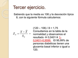 Sabiendo que la media es 106 y la desviación típica
8, con la siguiente fórmula calculamos:
X
X
X X
Z
S


Tercer ejercicio.
=
(120 – 106) / 8 = 1,75
Consultamos en la tabla de la
normalidad y observamos el
resultado  0,0401 1-
0,0401=0,9599. El 95,99% de
personas diabéticas tienen una
glucemia basal inferior o igual a
120.
 