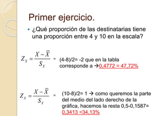  ¿Qué proporción de las destinatarias tiene
una proporción entre 4 y 10 en la escala?
Primer ejercicio.
X
X
X X
Z
S


X
X
X X
Z
S


= (4-8)/2= -2 que en la tabla
corresponde a 0,4772 = 47,72%
= (10-8)/2= 1  como queremos la parte
del medio del lado derecho de la
gráfica, hacemos la resta 0,5-0,1587=
0,3413 =34,13%
 