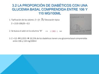 3.2 LA PROPORCIÓN DE DIABÉTICOS CON UNA
GLUCEMIA BASAL COMPRENDIDA ENTRE 106 Y
110 MG/100ML
1. Tipificación de los valores: Z = (X - 𝑋)/ Desviación típica
Z = (110-106)/8 = 0,5
2. Se busca el valor en la columna “B”
3. Z = 0,5  0,1915  19,15% de los diabéticos tienen una glucemia basal comprendida
entre 106 y 110 mg/100ml
 