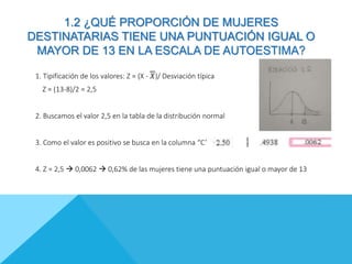 1.2 ¿QUÉ PROPORCIÓN DE MUJERES
DESTINATARIAS TIENE UNA PUNTUACIÓN IGUAL O
MAYOR DE 13 EN LA ESCALA DE AUTOESTIMA?
1. Tipificación de los valores: Z = (X - 𝑋)/ Desviación típica
Z = (13-8)/2 = 2,5
2. Buscamos el valor 2,5 en la tabla de la distribución normal
3. Como el valor es positivo se busca en la columna “C”
4. Z = 2,5  0,0062  0,62% de las mujeres tiene una puntuación igual o mayor de 13
 