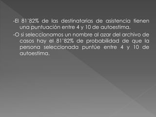 -El 81’82% de las destinatarias de asistencia tienen
una puntuación entre 4 y 10 de autoestima.
-O si seleccionamos un nombre al azar del archivo de
casos hay el 81’82% de probabilidad de que la
persona seleccionada puntúe entre 4 y 10 de
autoestima.
 