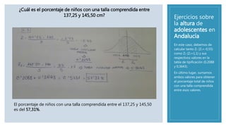 Ejercicios sobre
la altura de
adolescentes en
Andalucía
En este caso, debemos de
calcular tanto Z1 (Z1=-0,55)
como Z2 (Z2=1,1) y sus
respectivos valores en la
tabla de tipificación (0,2088
y 0,3643).
En último lugar, sumamos
ambos valores para obtener
el porcentaje total de niños
con una talla comprendida
entre esos valores.
¿Cuál es el porcentaje de niños con una talla comprendida entre
137,25 y 145,50 cm?
El porcentaje de niños con una talla comprendida entre el 137,25 y 145,50
es del 57,31%.
 