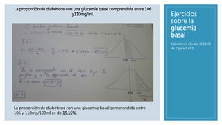 Ejercicios
sobre la
glucemia
basal
Calculamos el valor (0,1915)
de Z para Z=0,5.
La proporción de diabéticos con una glucemia basal comprendida entre 106
y110mg/ml.
La proporción de diabéticos con una glucemia basal comprendida entre
106 y 110mg/100ml es de 19,15%.
 