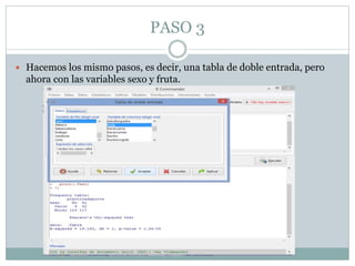 PASO 3
 Hacemos los mismo pasos, es decir, una tabla de doble entrada, pero
ahora con las variables sexo y fruta.
 
