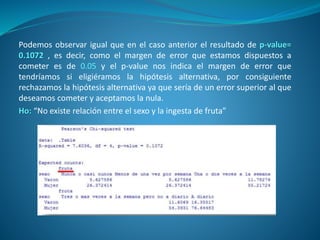 Podemos observar igual que en el caso anterior el resultado de p-value=
0.1072 , es decir, como el margen de error que estamos dispuestos a
cometer es de 0.05 y el p-value nos indica el margen de error que
tendríamos si eligiéramos la hipótesis alternativa, por consiguiente
rechazamos la hipótesis alternativa ya que sería de un error superior al que
deseamos cometer y aceptamos la nula.
Ho: “No existe relación entre el sexo y la ingesta de fruta”
 
