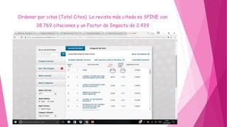 Ordenar por citas (Total Cites). La revista más citada es SPINE con
38.769 citaciones y un Factor de Impacto de 2.439
 
