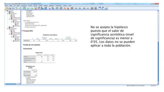 No se acepta la hipótesis
puesto que el valor de
significancia asintótica (nivel
de significancia) es menor a
0’05. Los datos no se pueden
aplicar a toda la población.
 