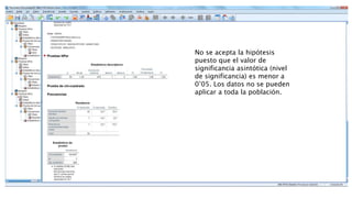 No se acepta la hipótesis
puesto que el valor de
significancia asintótica (nivel
de significancia) es menor a
0’05. Los datos no se pueden
aplicar a toda la población.
 