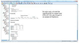 En este caso, el nivel de
significación es mayor que
0’05 (0’112), por lo que sí
se acepta la hipótesis.
 