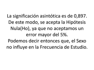 La significación asintótica es de 0,897.
De este modo, se acepta la Hipótesis
Nula(Ho), ya que no aceptamos un
error mayor del 5%.
Podemos decir entonces que, el Sexo
no influye en la Frecuencia de Estudio.
 