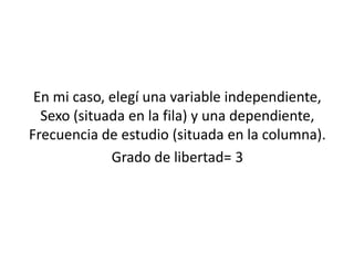 En mi caso, elegí una variable independiente,
Sexo (situada en la fila) y una dependiente,
Frecuencia de estudio (situada en la columna).
Grado de libertad= 3
 