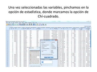 Una vez seleccionadas las variables, pinchamos en la
opción de estadística, donde marcamos la opción de
Chí-cuadrado.
 
