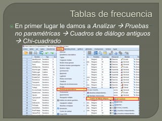  En primer lugar le damos a Analizar  Pruebas
no paramétricas  Cuadros de diálogo antiguos
 Chi-cuadrado
 