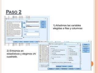 PASO 2
1) Añadimos las variables
elegidas a filas y columnas
2) Entramos en
estadísticos y elegimos chi
cuadrado.
 