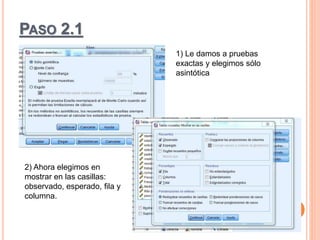 PASO 2.1
1) Le damos a pruebas
exactas y elegimos sólo
asintótica
2) Ahora elegimos en
mostrar en las casillas:
observado, esperado, fila y
columna.
 