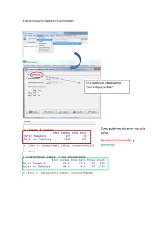 5. Repetimosel ejercicioenRCommander
En estadísticosintroducimos
“porcentajesporfilas”
Como podemos observar nos sale
como:
Frecuencias observadas y
porcentaje.
 