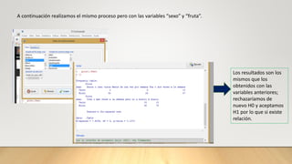 A continuación realizamos el mismo proceso pero con las variables “sexo” y “fruta”.
Los resultados son los
mismos que los
obtenidos con las
variables anteriores;
rechazaríamos de
nuevo H0 y aceptamos
H1 por lo que si existe
relación.
 
