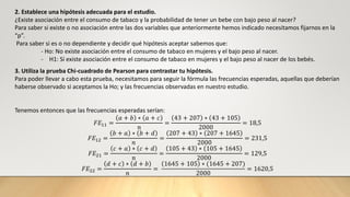 2. Establece una hipótesis adecuada para el estudio.
¿Existe asociación entre el consumo de tabaco y la probabilidad de tener un bebe con bajo peso al nacer?
Para saber si existe o no asociación entre las dos variables que anteriormente hemos indicado necesitamos fijarnos en la
“p”.
Para saber si es o no dependiente y decidir qué hipótesis aceptar sabemos que:
- Ho: No existe asociación entre el consumo de tabaco en mujeres y el bajo peso al nacer.
- H1: Sí existe asociación entre el consumo de tabaco en mujeres y el bajo peso al nacer de los bebés.
3. Utiliza la prueba Chi-cuadrado de Pearson para contrastar tu hipótesis.
Para poder llevar a cabo esta prueba, necesitamos para seguir la fórmula las frecuencias esperadas, aquellas que deberían
haberse observado si aceptamos la Ho; y las frecuencias observadas en nuestro estudio.
Tenemos entonces que las frecuencias esperadas serían:
𝐹𝐸11 =
𝑎 + 𝑏 ∗ 𝑎 + 𝑐
𝑛
=
43 + 207 ∗ 43 + 105
2000
= 18,5
𝐹𝐸12 =
𝑏 + 𝑎 ∗ 𝑏 + 𝑑
𝑛
=
207 + 43 ∗ 207 + 1645
2000
= 231,5
𝐹𝐸21 =
𝑐 + 𝑎 ∗ 𝑐 + 𝑑
𝑛
=
105 + 43 ∗ 105 + 1645
2000
= 129,5
𝐹𝐸22 =
𝑑 + 𝑐 ∗ 𝑑 + 𝑏
𝑛
=
1645 + 105 ∗ (1645 + 207)
2000
= 1620,5
 