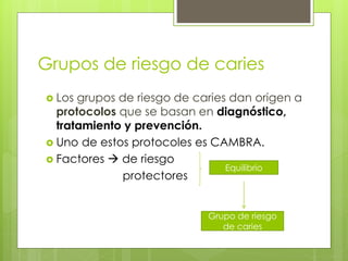 Grupos de riesgo de caries
 Los grupos de riesgo de caries dan origen a
protocolos que se basan en diagnóstico,
tratamiento y prevención.
 Uno de estos protocoles es CAMBRA.
 Factores  de riesgo
protectores
Grupo de riesgo
de caries
Equilibrio
 