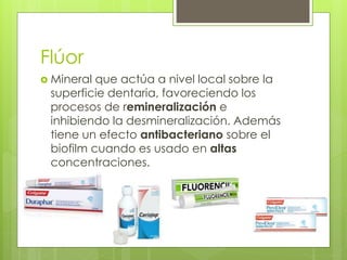 Flúor
 Mineral que actúa a nivel local sobre la
superficie dentaria, favoreciendo los
procesos de remineralización e
inhibiendo la desmineralización. Además
tiene un efecto antibacteriano sobre el
biofilm cuando es usado en altas
concentraciones.
 