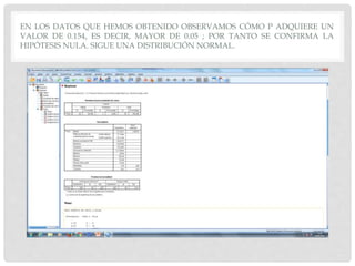 EN LOS DATOS QUE HEMOS OBTENIDO OBSERVAMOS CÓMO P ADQUIERE UN
VALOR DE 0.154, ES DECIR, MAYOR DE 0.05 ; POR TANTO SE CONFIRMA LA
HIPÓTESIS NULA. SIGUE UNA DISTRIBUCIÓN NORMAL.
 