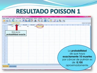 La probabilidad
de que haya
exactamente 10 muertes
por cáncer de pulmón es
de 0,105
aproximadamente.
Esta es la
probabilidad exacta
 