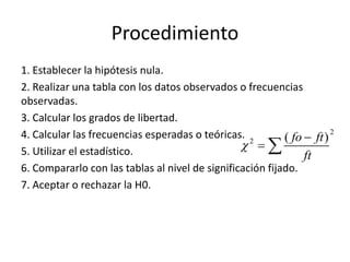 Procedimiento
1. Establecer la hipótesis nula.
2. Realizar una tabla con los datos observados o frecuencias
observadas.
3. Calcular los grados de libertad.
4. Calcular las frecuencias esperadas o teóricas.
5. Utilizar el estadístico.
6. Compararlo con las tablas al nivel de significación fijado.
7. Aceptar o rechazar la H0.
2
2 ( )fo ft
ft


 
 