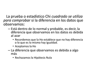 La prueba o estadístico Chi cuadrado se utiliza
para comprobar si la diferencia en los datos que
observamos:
– Está dentro de lo normal y probable, es decir, la
diferencia que observamos en los datos es debida
al azar
• Recordemos que la Ho establece que no hay diferencia
o lo que es lo mismo hay igualdad.
• Aceptamos la Ho
– La diferencia que observamos es debida a algo
más
• Rechazamos la Hipótesis Nula
 